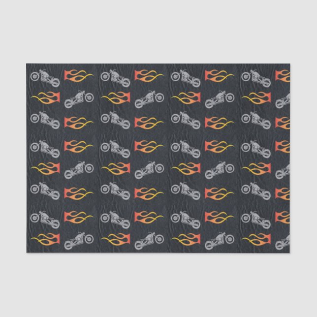 Motorcycle and flames on faux black leather tissue paper (Front)