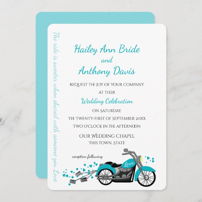 Motorcycle and Hearts Wedding Aqua Invitation (Front/Back)