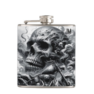 Motorcycle and Skulls Vinyl Wrapped Flask