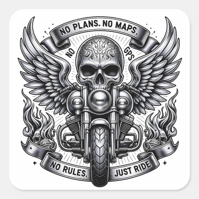 Motorcycle Art Featuring Skull and Winged Design Square Sticker (Front)