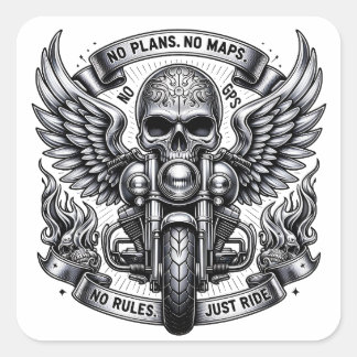 Motorcycle Art Featuring Skull and Winged Design Square Sticker