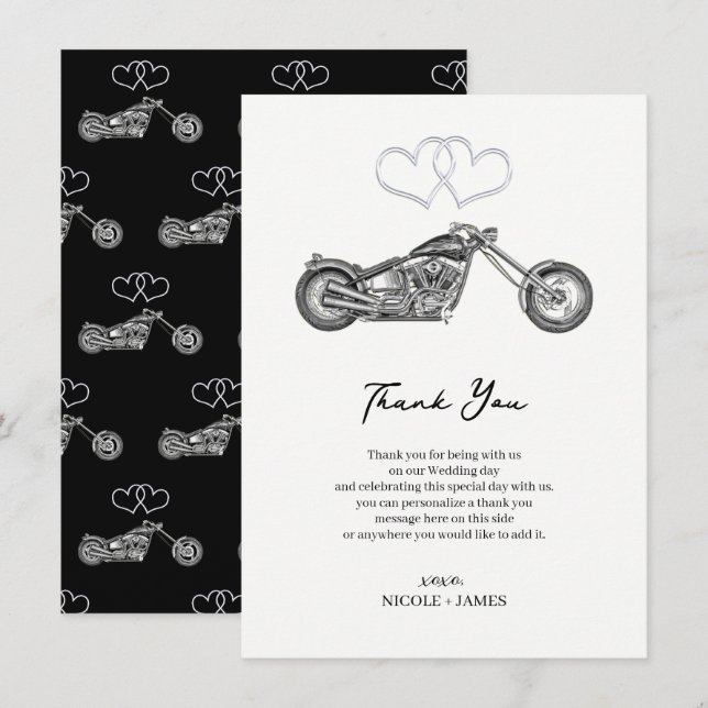 Motorcycle Black & Silver Hearts Biker Thank You Invitation (Front/Back)