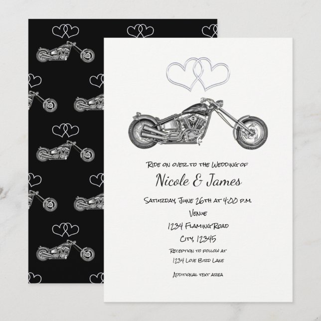 Motorcycle Black & Silver Hearts Biker Wedding Invitation (Front/Back)