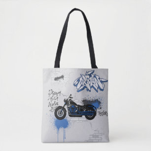 Motorcycle blue and grey graffiti tote bag