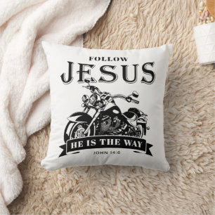 Motorcycle Christian Biker John 14:6 Follow Jesus  Throw Pillow