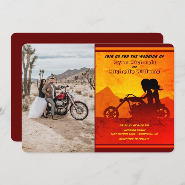 Motorcycle Couple Mountain Sunset Photo Wedding Invitation (Front/Back)