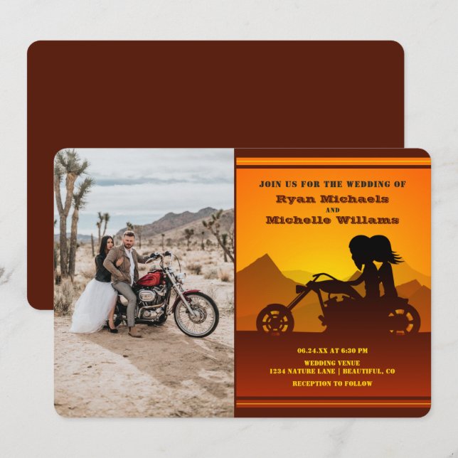 Motorcycle Couple Mountain Sunset Photo Wedding Invitation (Front/Back)