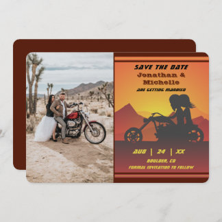 Motorcycle Couple Mountain Sunset Photo Wedding Save The Date