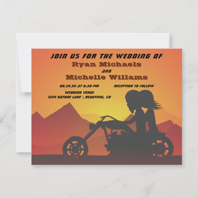 Motorcycle Couple Mountain Sunset/Sunrise Wedding Invitation (Front)