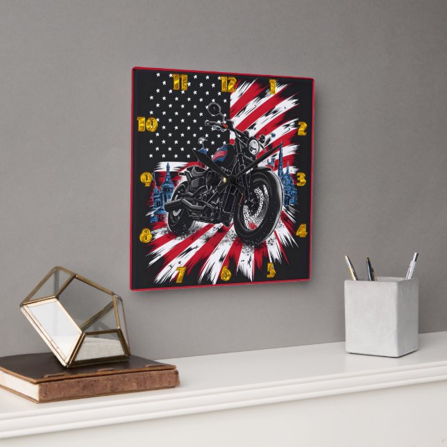 Motorcycle cruising against a patriotic backdrop square wall clock (Office)