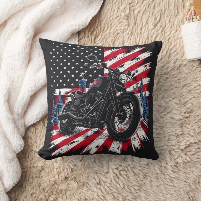 Motorcycle cruising against a patriotic backdrop throw pillow (Blanket)