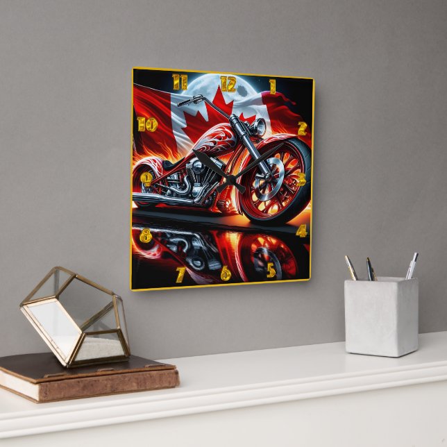 Motorcycle gleams with flames square wall clock (Office)