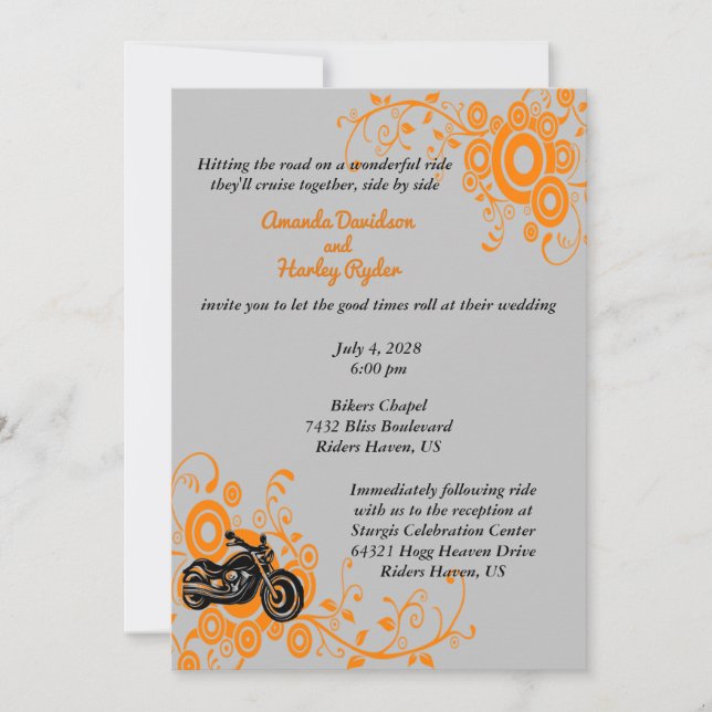 Motorcycle Grey, Black, Orange Wedding Invitation (Front)
