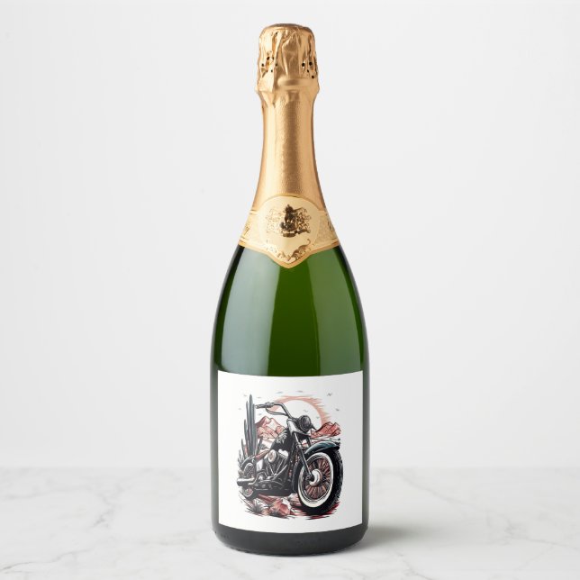 Motorcycle in Desert Cactus Western Set (3) Sparkling Wine Label (Front)