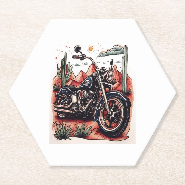Motorcycle in Desert Cactus Western Set Paper Coaster (Front)