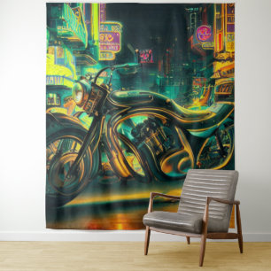 Motorcycle in Neon City Tapestry