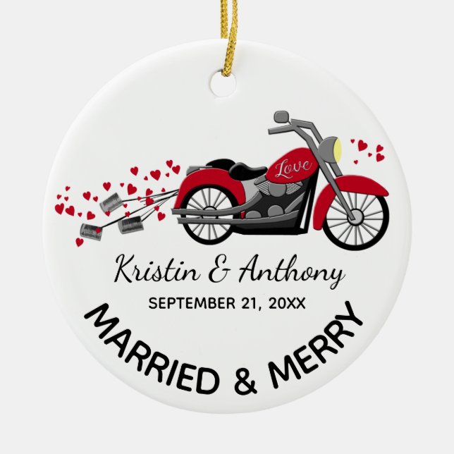 Motorcycle Newlyweds Wedding with Photo Ceramic Ornament (Front)