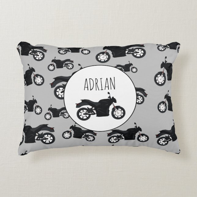 Motorcycle Pattern Customized Name Accent Pillow (Front)