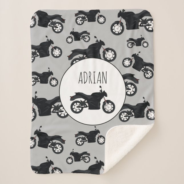 Motorcycle Pattern Customized Name Sherpa Blanket (Front)