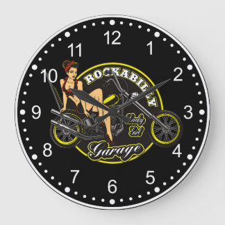 Motorcycle Pinup Babe Rockabilly Garage Large Clock