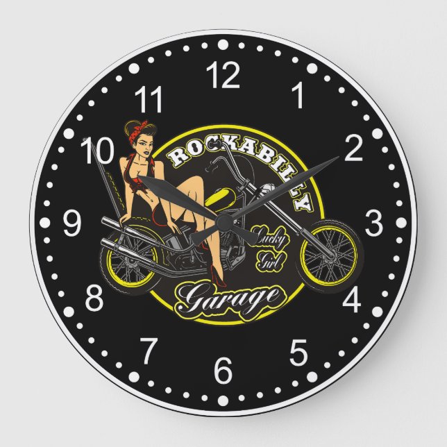 Motorcycle Pinup Babe Rockabilly Garage Large Clock (Front)
