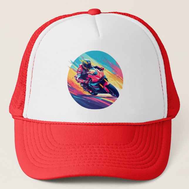 Motorcycle Racer Dynamic Racing Style For Bikers Trucker Hat (Front)