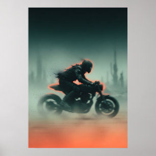 Motorcycle Rider Teal Orange Motion Art Poster