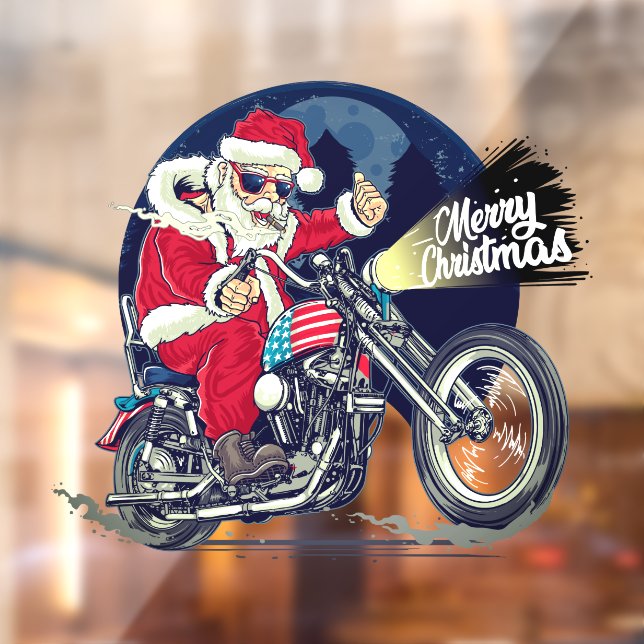 Motorcycle Shop Chopper Riding Santa Claus Cigar Window Cling (Sheet 2)