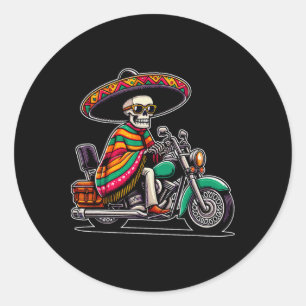 Motorcycle Skeleton Biker Mexican Sombrero Cinco D Classic Round Sticker