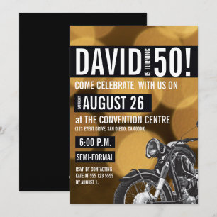 Motorcycle theme, 50th birthday, Gold and black Invitation
