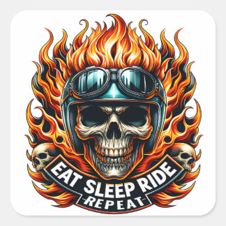 Motorcycle-Themed Skull and Flame Art Square Sticker