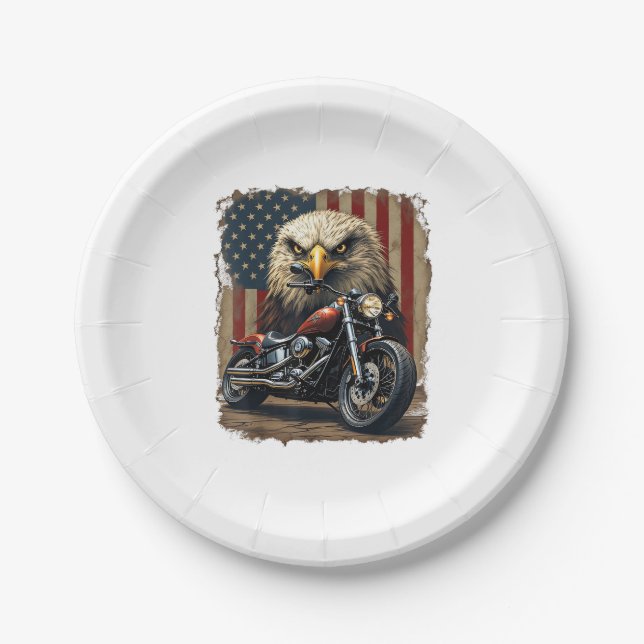 Motorcycle USA Flag Retro Biker Chopper Paper Plate (Front)