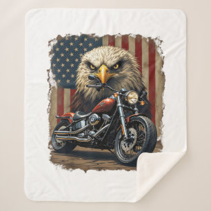 Motorcycle USA Flag Retro Biker Chopper Sherpa Blanket