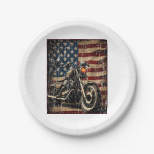Motorcycle USA Flag Retro Biker Paper Plate