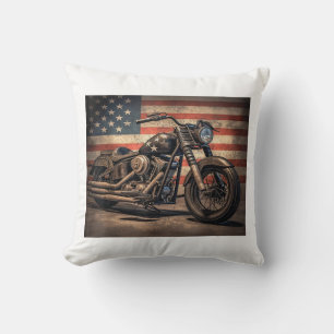 Motorcycle USA Flag Retro Biker Throw Pillow