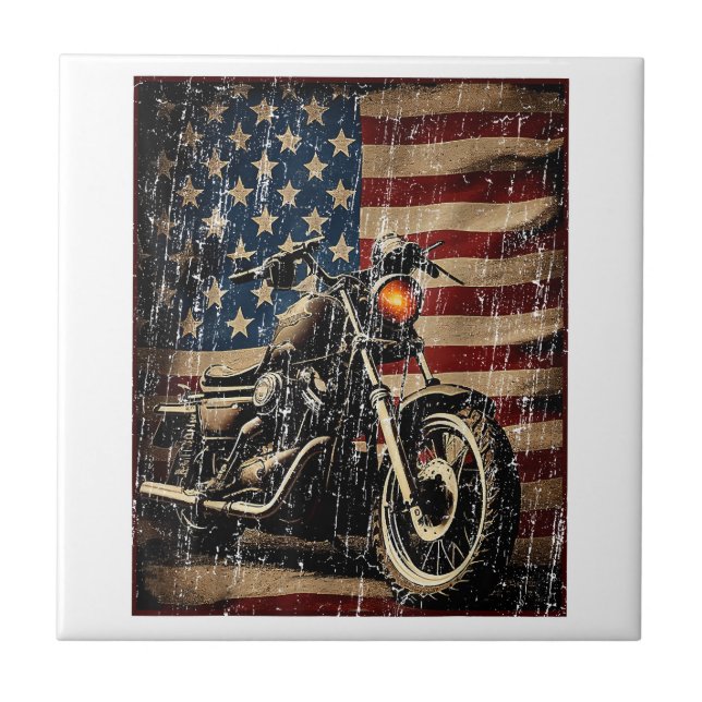 Motorcycle USA Flag Retro Biker Tile (Front)