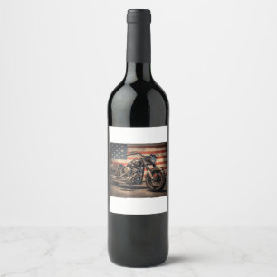 Motorcycle USA Flag Retro Biker Wine Label