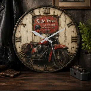 Motorcycle Vintage Biker Garage Decor Rustic Large Clock