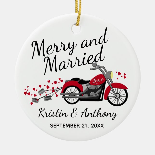 Motorcycle Wedding Newlywed Merry & Married Ceramic Ornament (Front)