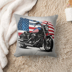 Motorcycle with American flag backdrop Throw Pillow