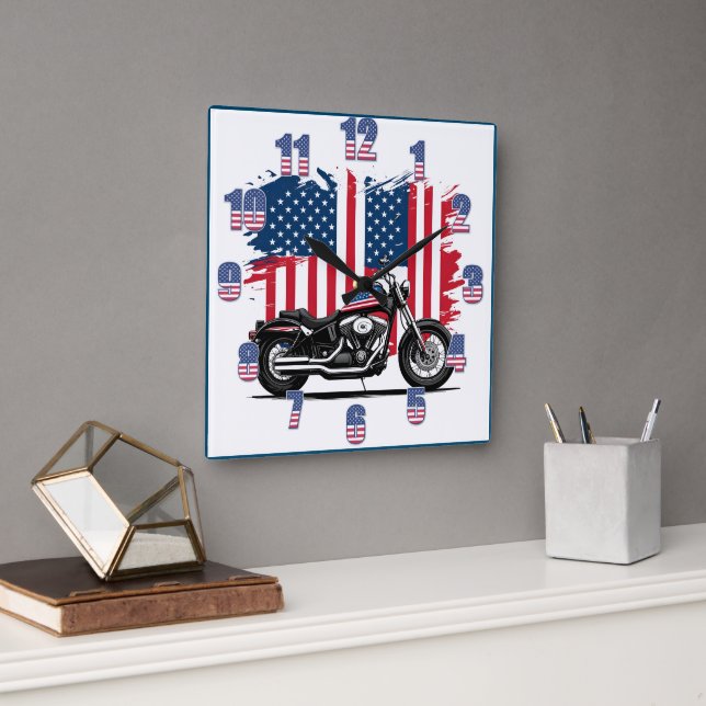 Motorcycle with American flag background Square Wall Clock (Office)