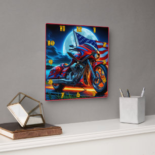 Motorcycle with American flag under a full moon Square Wall Clock