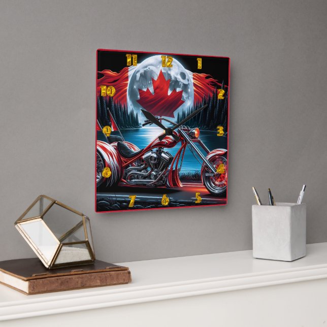 Motorcycle with Canadian flag at night Square Wall Clock (Office)