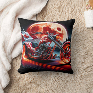 Motorcycle with Canadian flag by moon Throw Pillow