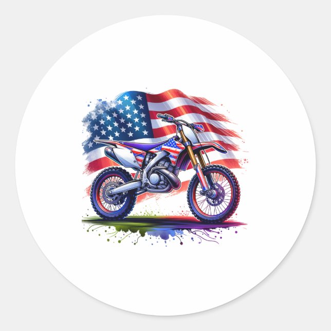 Motorcycle with USA Flag, 4th July Classic Round Sticker (Front)