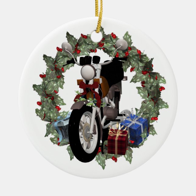 Motorcycle Wreath and Gifts Round Yule Ornament (Front)
