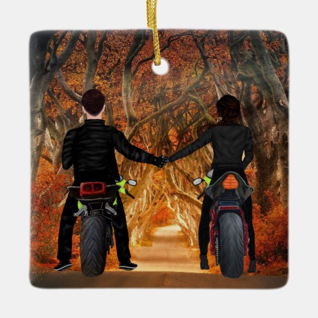 Motorcycles Autumn Forest Couples Christmas Ceramic Ornament (Front)