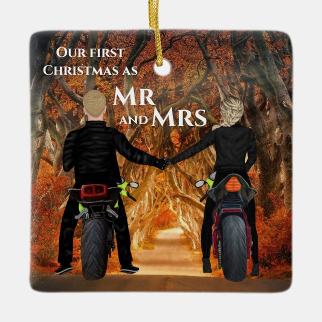 Motorcycles Autumn Forest Couples First Christmas Ceramic Ornament (Front)