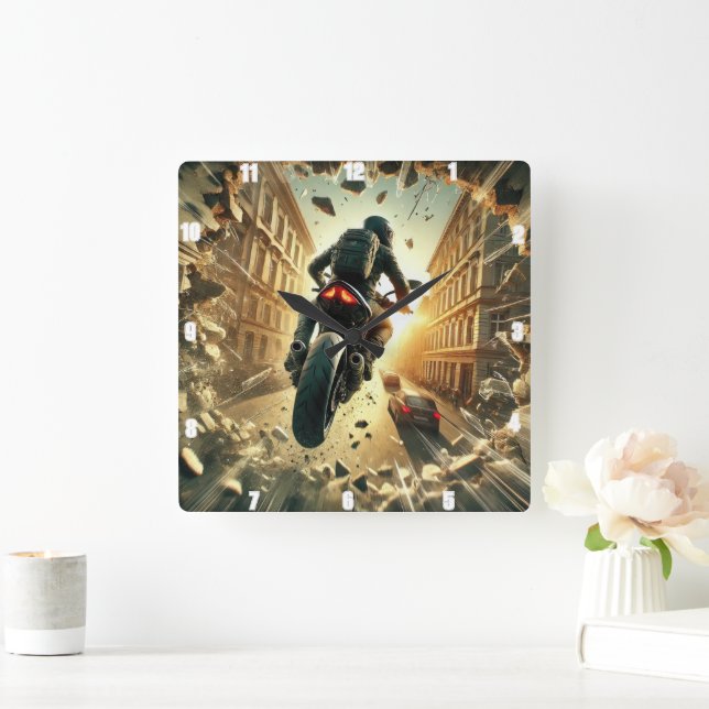 Motorcyclist Breaking Through Wall in Urban Sunset Square Wall Clock (Home)