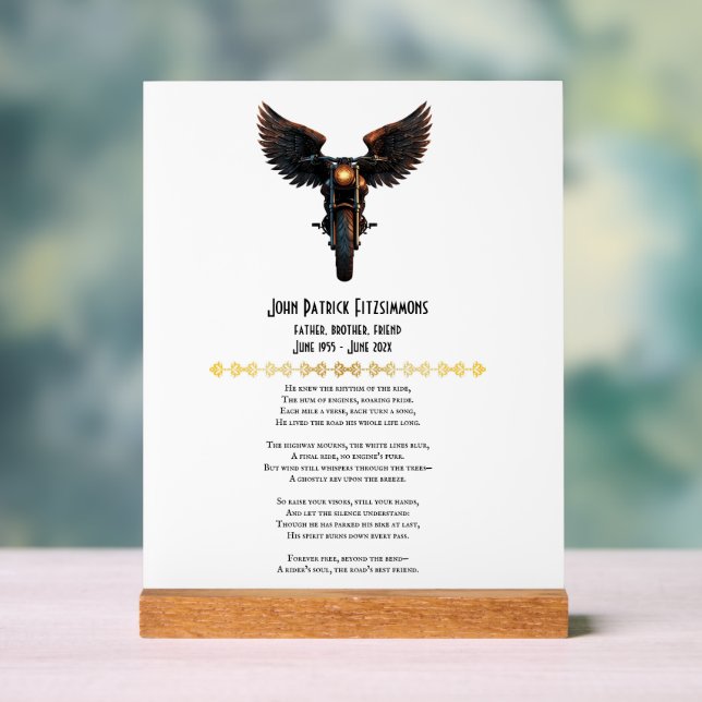 Motorcyclist Memorial Poem  Acrylic Sign (Neutral)